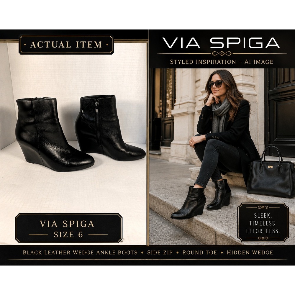 Via Spiga Black Leather Wedge Ankle Boots Size US6M/Euro36 Booties Zip Italian